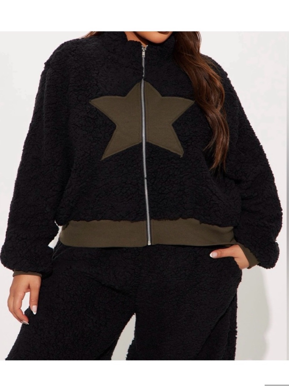 Fashion Nova Black Sherpa Zip Jacket with Olive Star